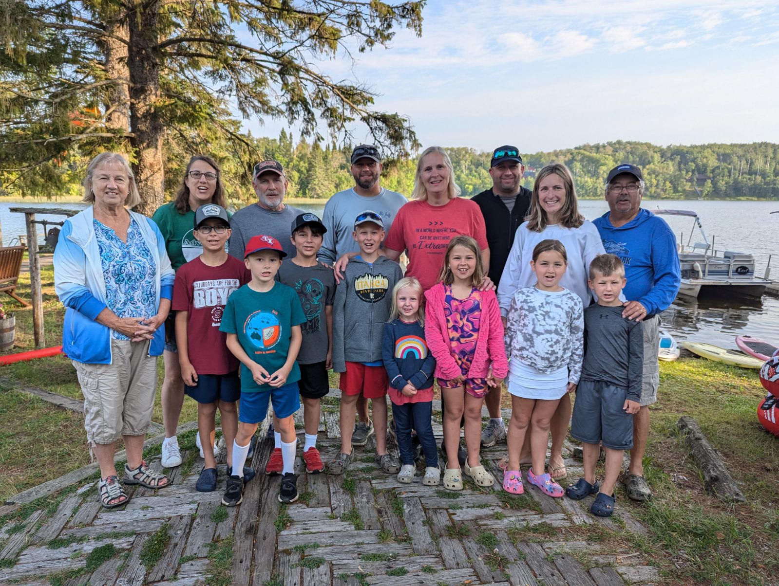 Group family photo in front of lodge